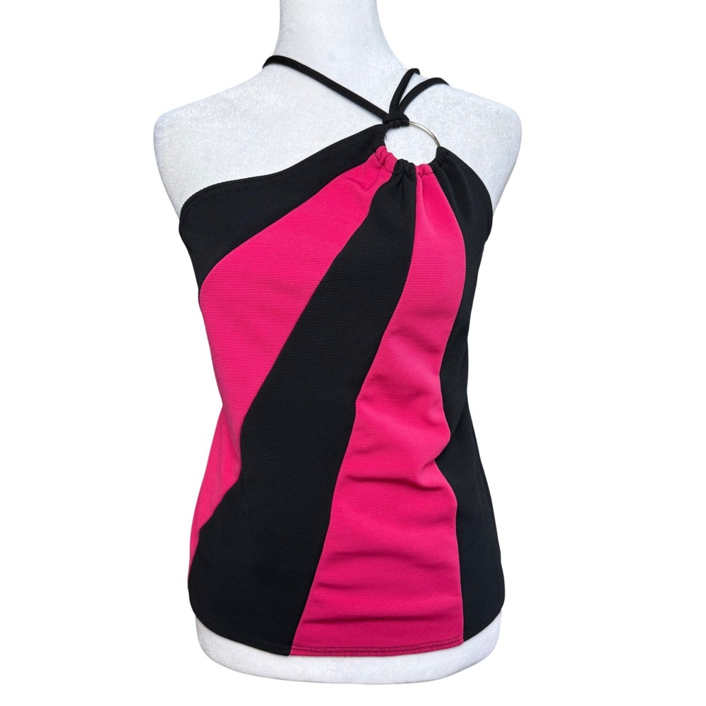 Y2K 90s Vintage USA Zoey Beth Halter Top Size Medium Pink Black Retro O-Ring